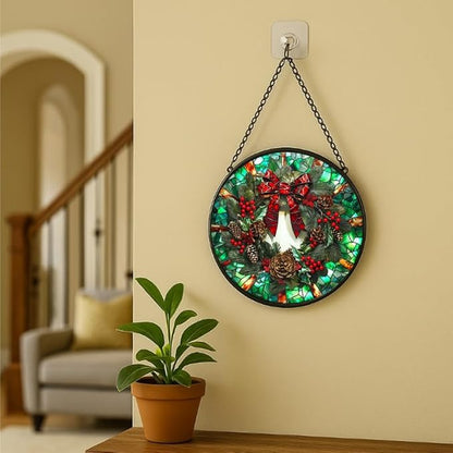 Stained Glass Window Hanging - 9.8in Christmas Wreath with Red Bow, Pine Cones, Berries Sun Catchers Panel for Indoor Decorative Display for Mom, Wife, Lovers, Festive