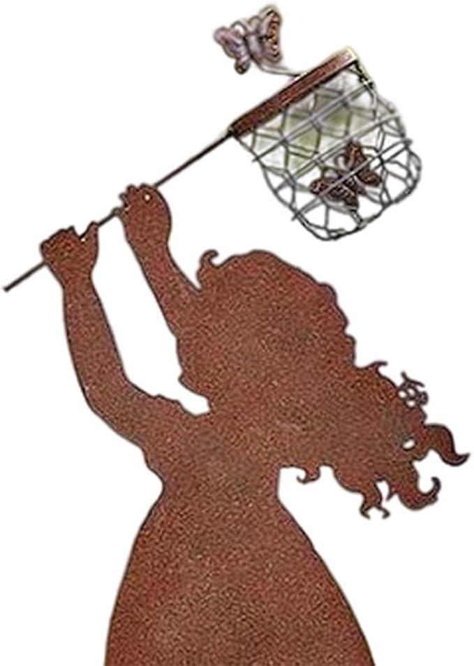 Iron Metal Weatherproof Butterfly Standing Silhouette Art Sculpture Statue for Garden, Girl