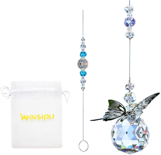 WEISIPU Crystal Hanging Decorations - Hanging Ornament Crystals Butterfly Suncatchers with Clear Crystal Ball for Home, Office, Garden Decoration, Window Decorations Hanging