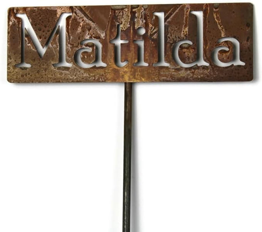 Classic Metal Garden Markers Clearance Items 20 to 33 Inches Tall (Matilda, Naturally Rusted)