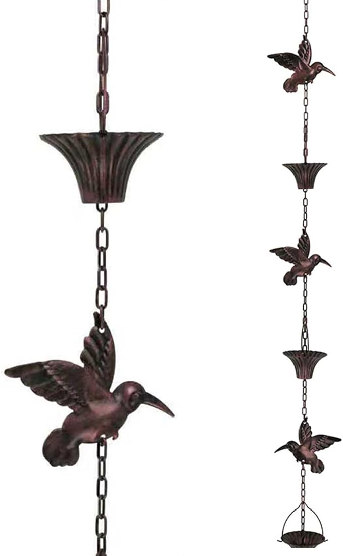 Rain Chains for Gutters Downspouts Outside-Decorative Rain Chain Metal Cups,Adjustable Hanging Rain Hutter Chain,Replacement for Downspout,Vintage Copper Rain Catcher Hummingbird-2.6m(8.6ft)
