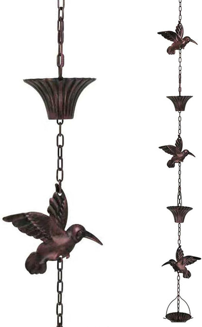 Rain Chains for Gutters Downspouts Outside-Decorative Rain Chain Metal Cups,Adjustable Hanging Rain Hutter Chain,Replacement for Downspout,Vintage Copper Rain Catcher Hummingbird-7m(23ft)