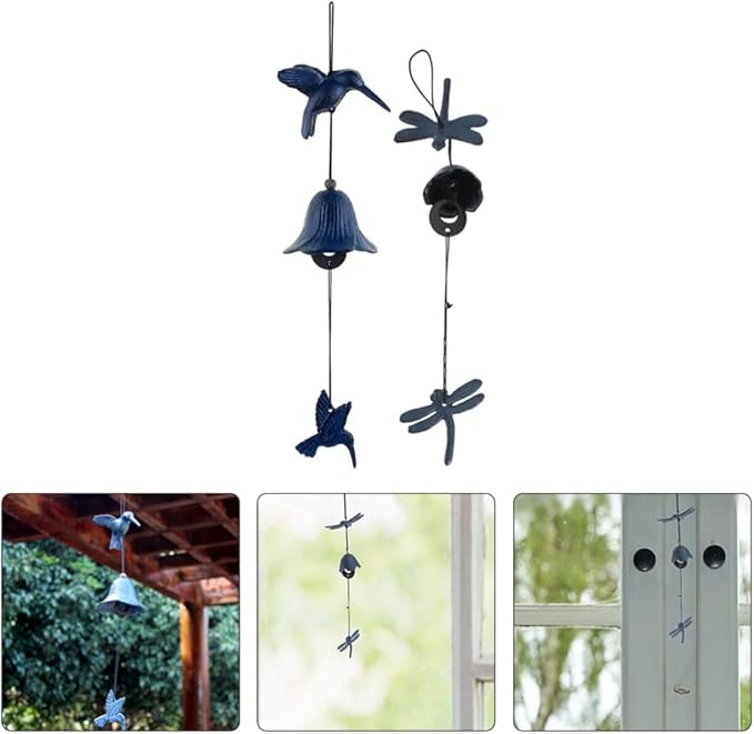 Milisten 2pcs Vintage Iron Wind Chime Japanese Hanging Decor for and Patio Design Unique Hummingbird and Dragonfly Shapes Elegant Outdoor Ornament