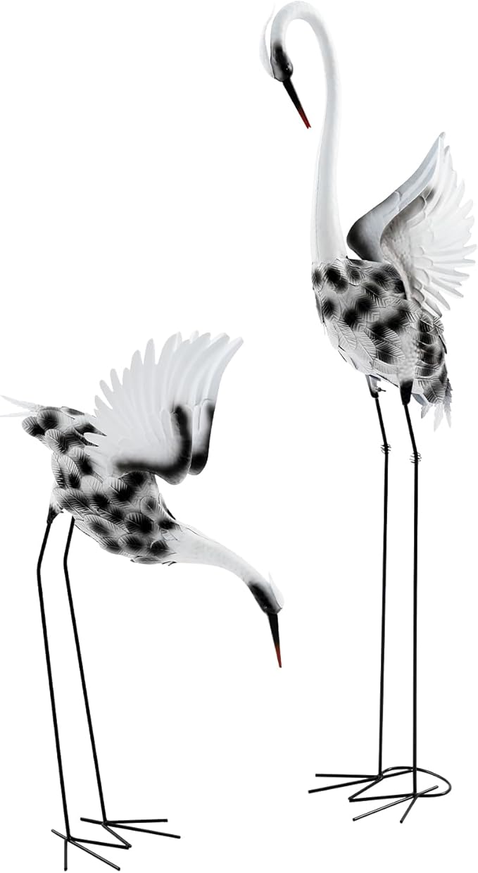 A Pair of Lifelike Crane Garden Statues, 53’’ & 35’’ Tall Metal and Wood Patina Heron Decor for Yard, Patio, Indoor Outdoor, Tall & Short Crane Sculptures