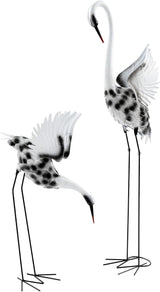 A Pair of Lifelike Crane Garden Statues, 53’’ & 35’’ Tall Metal and Wood Patina Heron Decor for Yard, Patio, Indoor Outdoor, Tall & Short Crane Sculptures