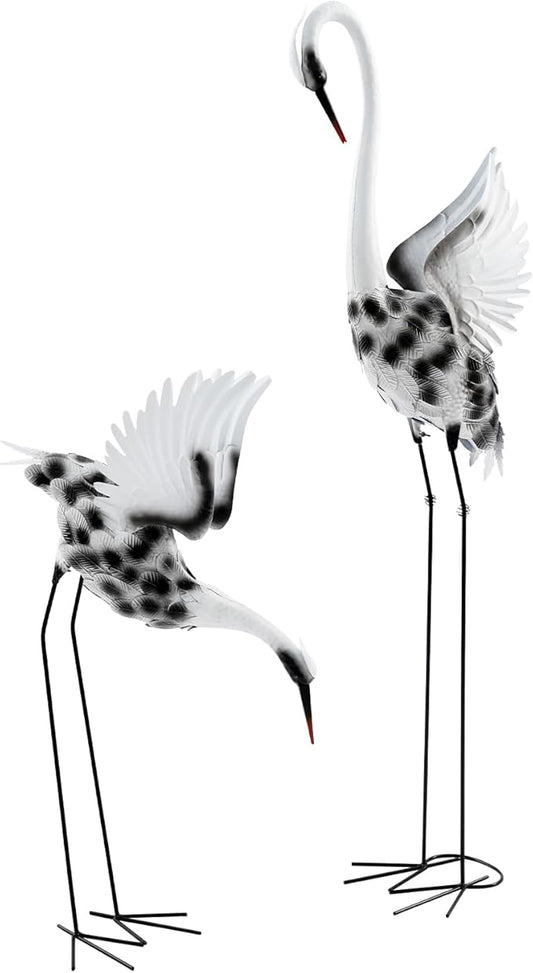 A Pair of Lifelike Crane Garden Statues, 53’’ & 35’’ Tall Metal and Wood Patina Heron Decor for Yard, Patio, Indoor Outdoor, Tall & Short Crane Sculptures