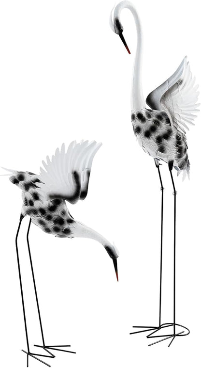 Metal Crane Garden Statues Set of 2, 53" & 35" Large Outdoor Crane Decor, Standing Bird Yard Art for Patio Lawn Backyard Pond Landscape