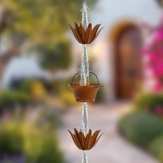 Lotus Rain Chains for Outside, 9.8FT Rain Gutter Chain with 16 Cups, Adjustable Rain Catcher Chain for Eaves Drainage, Replacement for Downspout