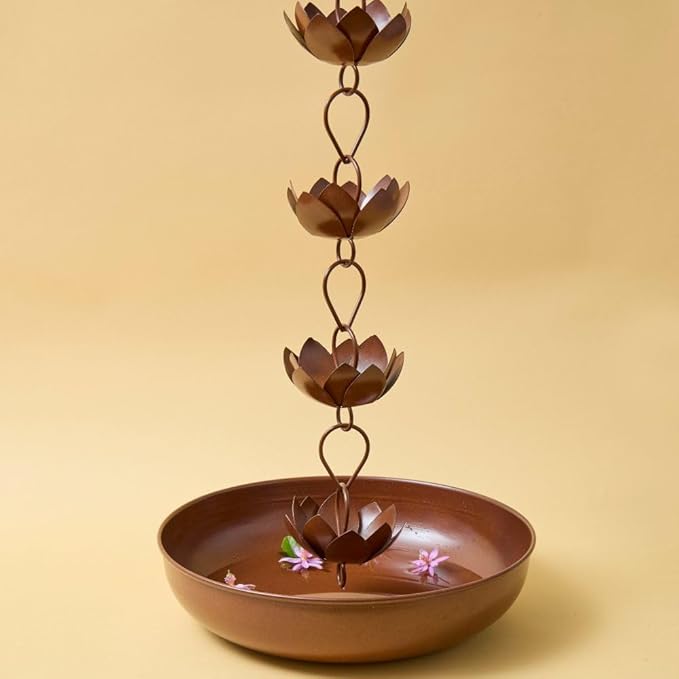 Gold & Garden Rain Chain with Bird Bath, Rain Chains for Gutters, Rain Chimes for Outside, Iron Lotus Rain Chain with Bronze Finish, Rust Proof Rain Chain, 5 feet Long, 12 Inch Wide Basin