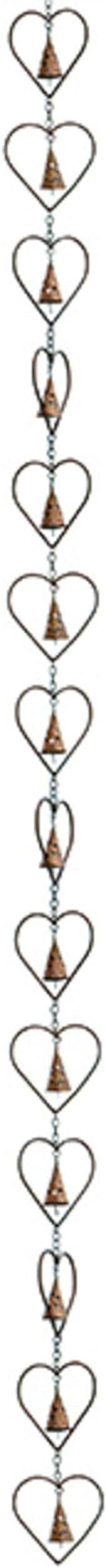 Ancient Graffiti Hearts and Bells Rain Chains, Copper Color, Pack of 2 – Steel Downspout Replacement with Heart Silhouettes & Bells, Decorative Gutter Chains