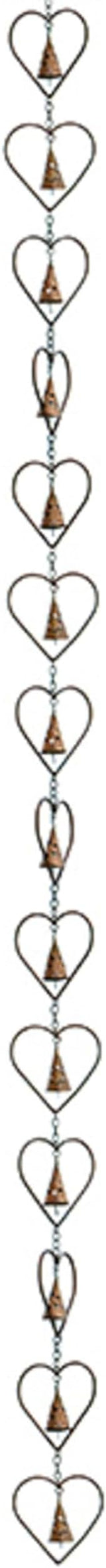 Ancient Graffiti Hearts and Bells Rain Chains, Copper Color, Pack of 2 – Steel Downspout Replacement with Heart Silhouettes & Bells, Decorative Gutter Chains