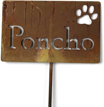 Classic Metal Garden Markers Clearance Items 20 to 33 Inches Tall (Poncho + paw print, Naturally Rusted)