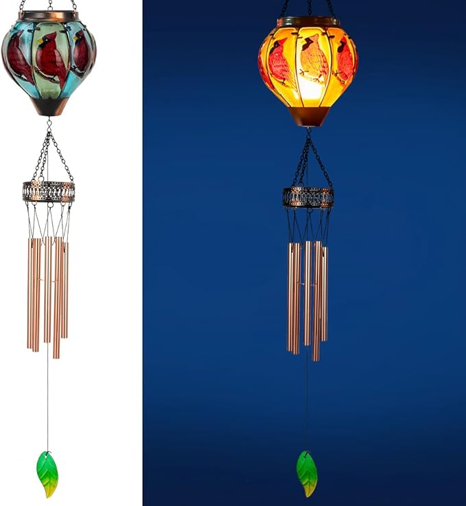 Starsoul Solar Wind Chimes for Outside, Cardinal Hot Air Balloon with Flickering Flame Solar Wind Chime, Glass Windchimes Outdoors Garden Decor, Gift for Mother's Day Mom Grandma