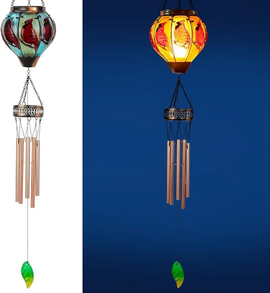 Starsoul Solar Wind Chimes for Outside, Cardinal Hot Air Balloon with Flickering Flame Solar Wind Chime, Glass Windchimes Outdoors Garden Decor, Gift for Mother's Day Mom Grandma