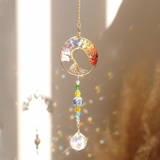 3pcs Tree of Life Chakra Crystal Suncatcher Windows Hanging Gloden Sun Catchers Decor with Prisms for Car, Feng Shui House Warming Gift for Home