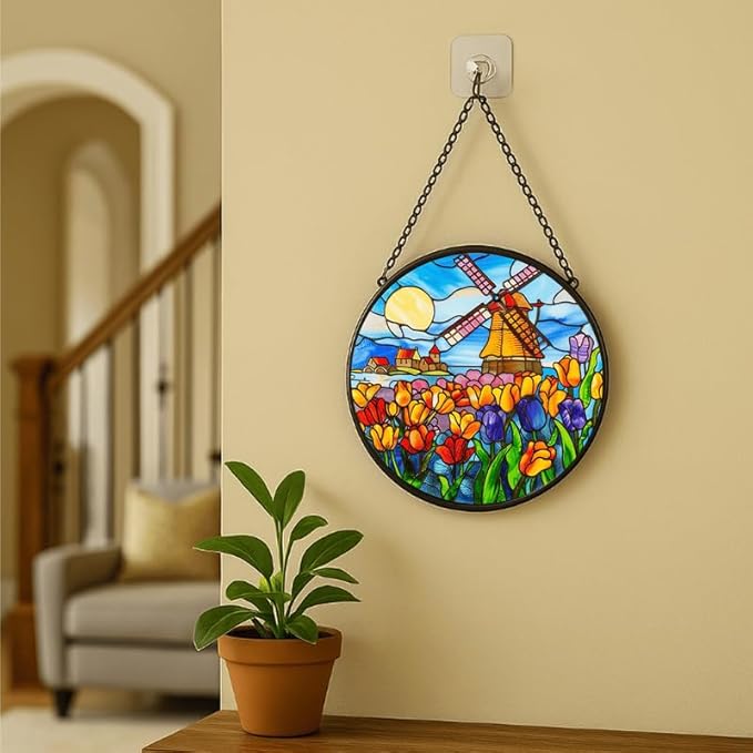 Stained Glass Window Hanging - 11.8in Dutch Windmill and Tulip Flower Sun Catchers Indoor Stained Glass Panels Wall Decor for Mom，Wife，Lovers，Festive