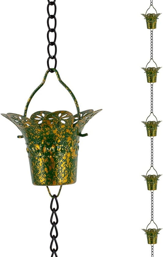 10ft Rain Chains for Outside, 12-Cup Rain Chain Replacement Downspout for Gutters,Eaves, Drainage, Adjustable Length(Gold & Green)