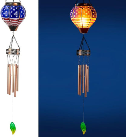 Starsoul Solar Wind Chimes for Outside, American Flag Hot Air Balloon with Flickering Flame Solar Wind Chime, Glass Windchimes Outdoors Garden Decor, Gift for Mother's Day Mom Grandma