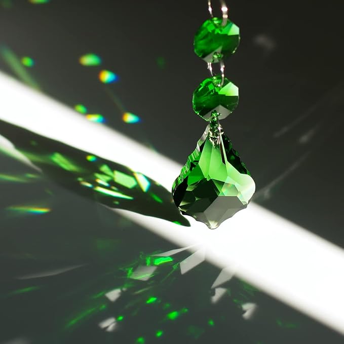 20pcs Crystal Maple Leaf Chandelier Prisms Replacement Pendant Connected Glass Octagon Beads Chain for Chandelier Christmas Decoration 38mm (Mid Green)