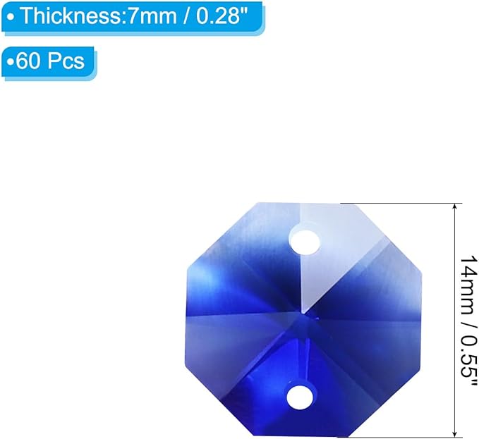 PATIKIL K9 Crystal Octagon Beads 2 Holes Pendants, 60 Pack 14mm Chandelier Prisms Parts Ornaments Hanging Beads for DIY Arts Crafts Decoration, Blue
