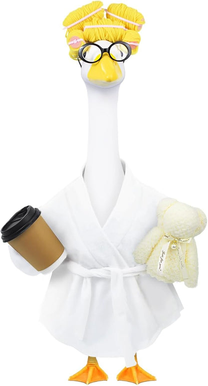 Lady Porch Goose Outfits,Bathrobe Porch Goose Statue Costume with Curlers Reading Glasses Coffee Cup Towel, Cute Goose Clothes for 23-Inch Cement Statue, Lawn Yard Garden Patio Decor(White)