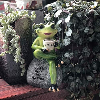 YANGMEI 6" Drinking Coffee Green Frog Sitting on Stone Statue Creative Garden Statue Decoration Collectible Frog Figurine Statue