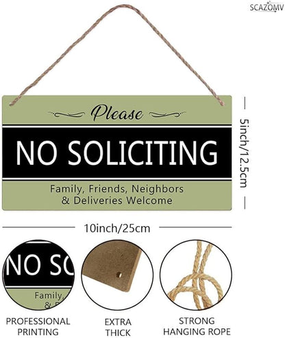 SCAZOMV Please No Soliciting Family Friends Neighbors Deliveries Welcome Thank You Funny Rustic Wood Front Door Sign Vintage Wall Art Hanging Plaque Porch Yard Home Farmhouse Decor 10''x 5''