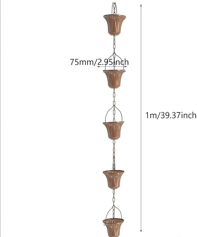 Copper Plated Rain Chain for Outside Downspouts,Adjustable Rain Catcher Chain for Eaves Drainage,Decorative Metal Hanging Flower Spiral Rain Bells(D)