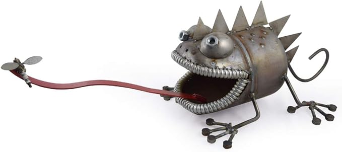 Modern Artisans Crazy Chameleon Lizard Reclaimed Metal Garden Sculpture with Bouncy Tongue, American Made, 30"