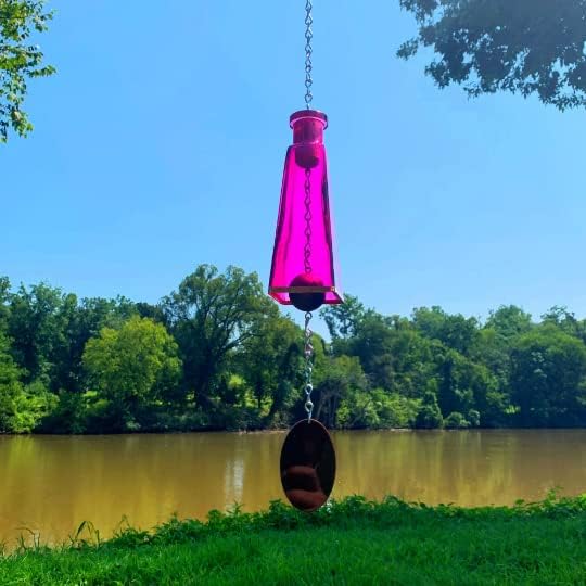 Blue Ridge Mountain Gifts Pyramid Bottle Wind Chime for Garden & Porch Decor w/Cooper Accent, Stained Wooden Ball, & Colorful Glass Bottles - Ideal for Wind Chime Lovers (Pink)