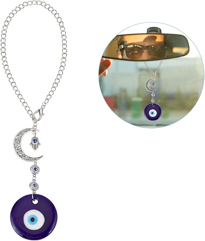 Blue Evil Eye Car Hanging Pendant Ornament Evil Eye Beaded Charms with Moon Car Hanging Ornament Suncatcher Good Luck Gift for Easter Rear View Mirror Window Balcony Keychain Home Decor