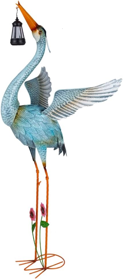 Crane Garden Statue with Solar Lantern, Large Blue Heron Outdoor Staue Garden Decor, Metal Crane Sculpture Yard Art Decor for Lawn, Backyard, Porch