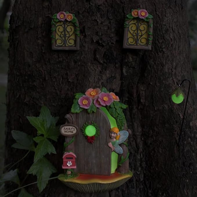 Fairy Door and Windows with Lantern Tree Stump Decor, Glow in The Dark Yard Art Sculpture Miniature Fairy Garden Accessories for Wall, Outdoor Decor