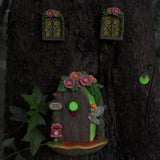 Fairy Door and Windows with Lantern Tree Stump Decor, Glow in The Dark Yard Art Sculpture Miniature Fairy Garden Accessories for Wall, Outdoor Decor