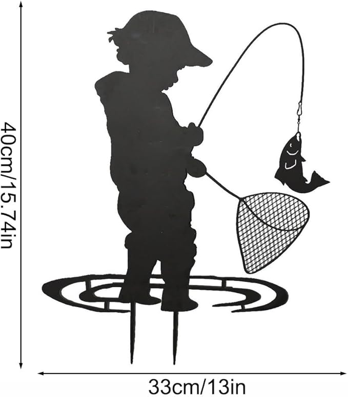 Boy Silhouettes Fishing Playing Vintage Metal Garden Stake Silhouette Sculpture, Yard Garden Metal Stake Rustic Outdoor, Yard Art Decor
