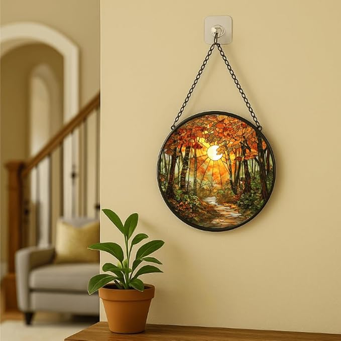 Stained Glass Window Hanging - Autumn Sunlight Through Woods 6.3in Sun Catchers Indoor Stained Glass Panels Wall Decor for Mom,Wife,Lovers,Festive