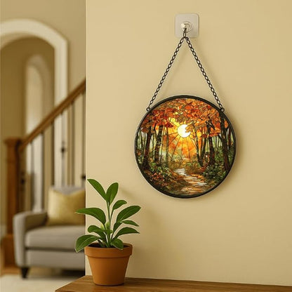 Stained Glass Window Hanging - Autumn Sunlight Through Woods 9.8in Sun Catchers Indoor Stained Glass Panels Wall Decor for Mom,Wife,Lovers,Festive