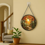 Stained Glass Window Hanging - Autumn Sunlight Through Woods 7.8in Sun Catchers Indoor Stained Glass Panels Wall Decor for Mom,Wife,Lovers,Festive