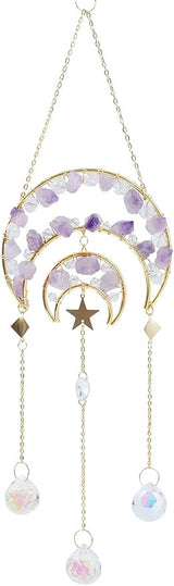 Amethyst Crystals Suncatcher - Hanging Moon Sun Catcher with Glass Prisms for Windows, Healing Amethyst Crystal Decor for Home, Gift for Christmas Birthday Valentine Mothers Day