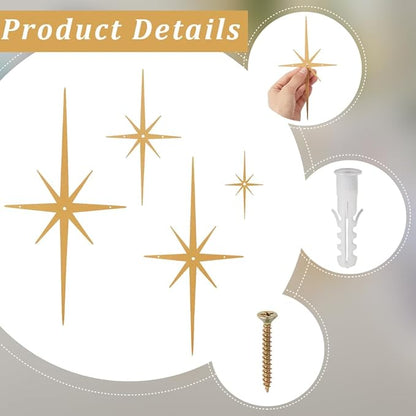 CREATCABIN 4Pcs Metal Star Burst Wall Decor Mid Century Star Decor Gold 8 Pointed Atomic Stars Celestial Wall Art Sculpture Hanging Ornament Modern Home Accents for Bedroom Office Room Decoration