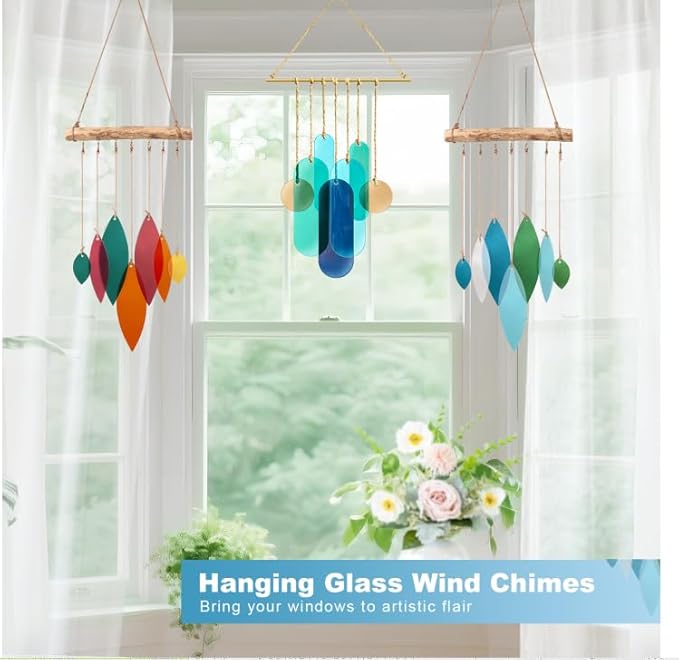 Sea Glass Wind Chimes Art Decor - Stained Glass Suncatcher Window Hanging, Driftwood Hand Crafted Design Beach Wind Chimes - Patio Garden Yard Decor Home Decor (Colorful)