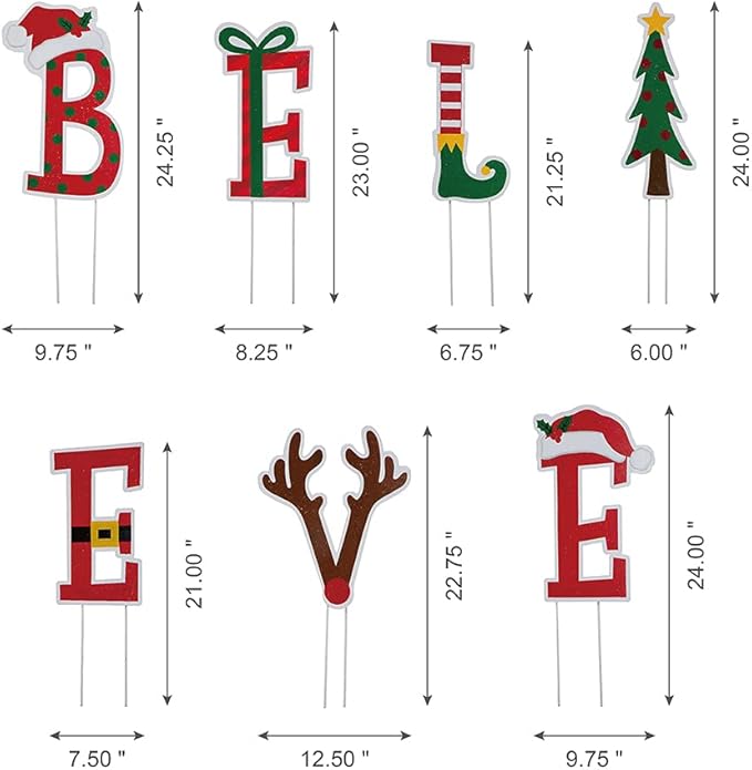 Glitzhome 7 Sets Believe Christmas Yard Stakes, 23" H Metal Garden Ornaments Wall Decor for Christmas Decorations