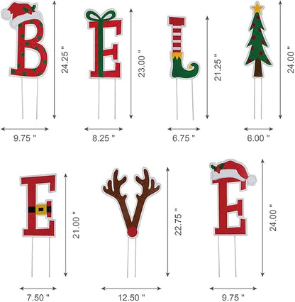 Glitzhome 7 Sets Believe Christmas Yard Stakes, 23" H Metal Garden Ornaments Wall Decor for Christmas Decorations