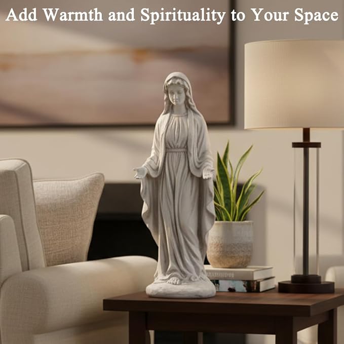 15 inch Virgin Mary Statue, Angel Statue for Garden, Religious Garden Statue Outdoor, Blessed Mother Sculpture, Mother Mary Statue for Patio Home Yard Decor, Gray