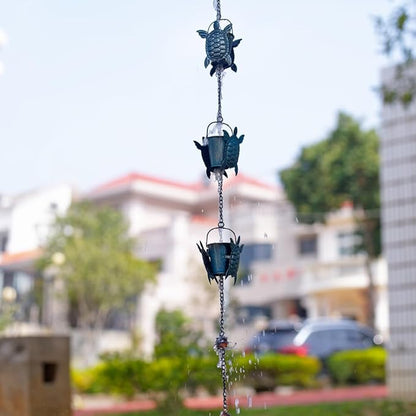 10 FT Rain Chains for Gutter, Rain Chain with 12 Turtle Shape Cups Adjustable Rain Catcher Chain for Gutters, Eaves, Drainage, Replacement for Downpout