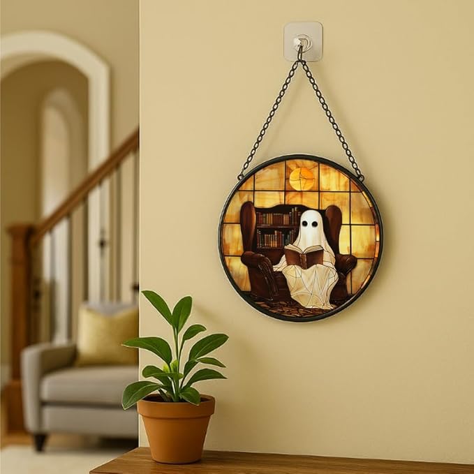 Stained Glass Window Hanging Halloween Ghost Reading Book 6.3in Sun Catchers Panel for Indoor Decorative Display for Mom Wife Lovers Festive