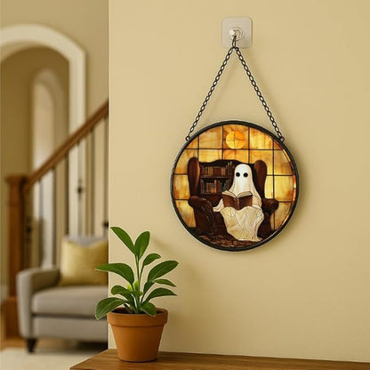 Stained Glass Window Hanging Halloween Ghost Reading Book 7.8in Sun Catchers Panel for Indoor Decorative Display for Mom Wife Lovers Festive