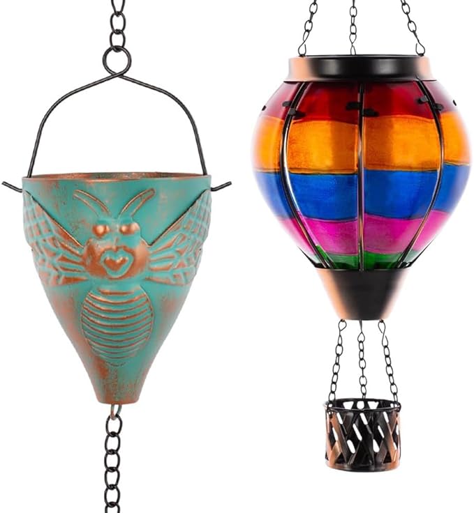 10 FT Rain Chain for Outside with 10 Bee Pattern Cups, Unique Hot Air Balloon Solar Lantern with Flickering Flame, Outdoor Decorative for Patio, Garden, Porch