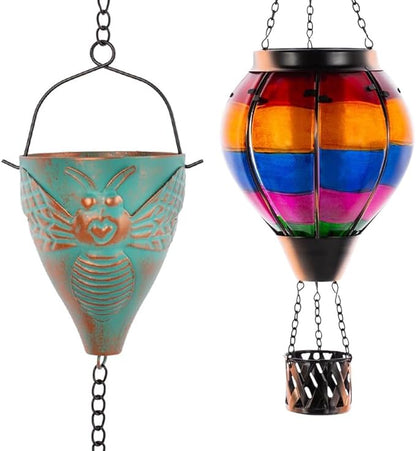 10 FT Rain Chain for Outside with 10 Bee Pattern Cups, Unique Hot Air Balloon Solar Lantern with Flickering Flame, Outdoor Decorative for Patio, Garden, Porch