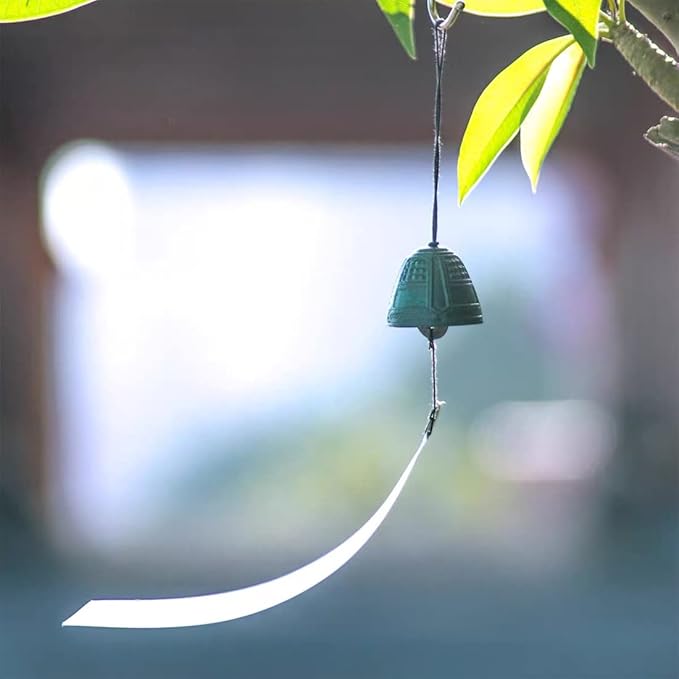Set of 2, Japanese Lucky Small Wind Chimes Outdoor, Iwachu Cast Iron Temple Wind Bell Memorial Wind Chimes for Outside or Indoor Good Luck for Garden, Patio, Balcony(Green and Yellow Leaf)